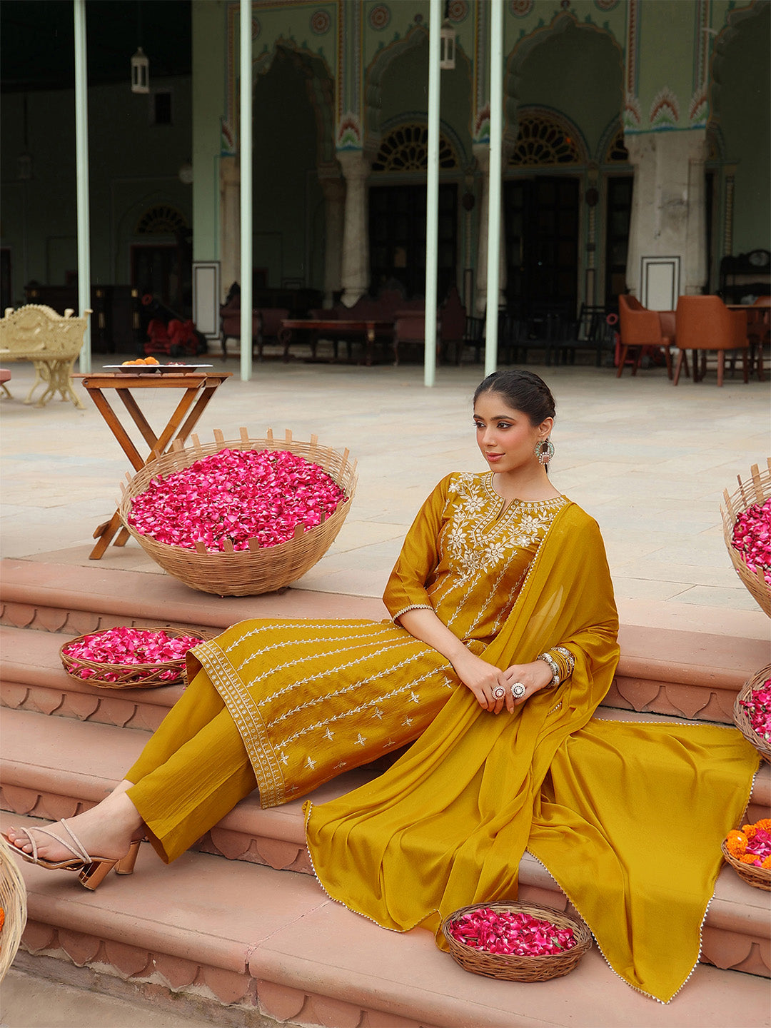 Ninnique Women's Mustard Silk Blend Embroidered Straight Kurta Set