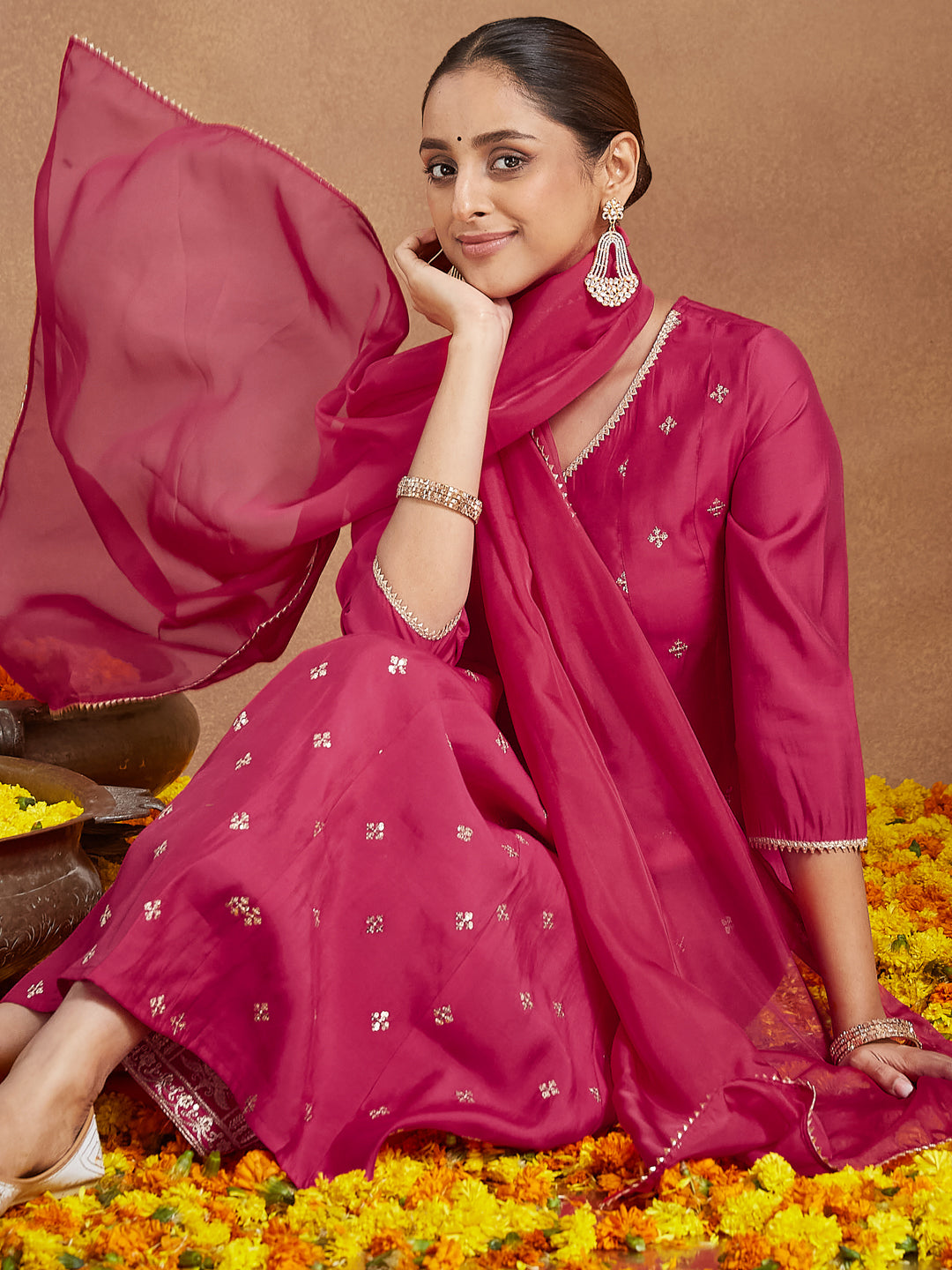 Ninnique Women's Pink Chanderi Silk Embellished Zari Embroidered A-line Kurta Set