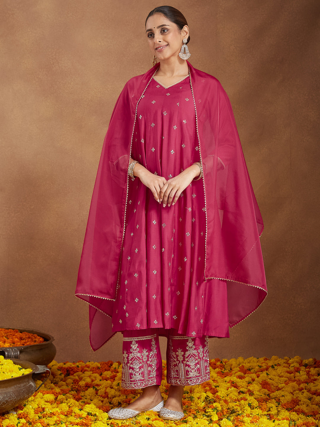 Ninnique Women's Pink Chanderi Silk Embellished Zari Embroidered A-line Kurta Set