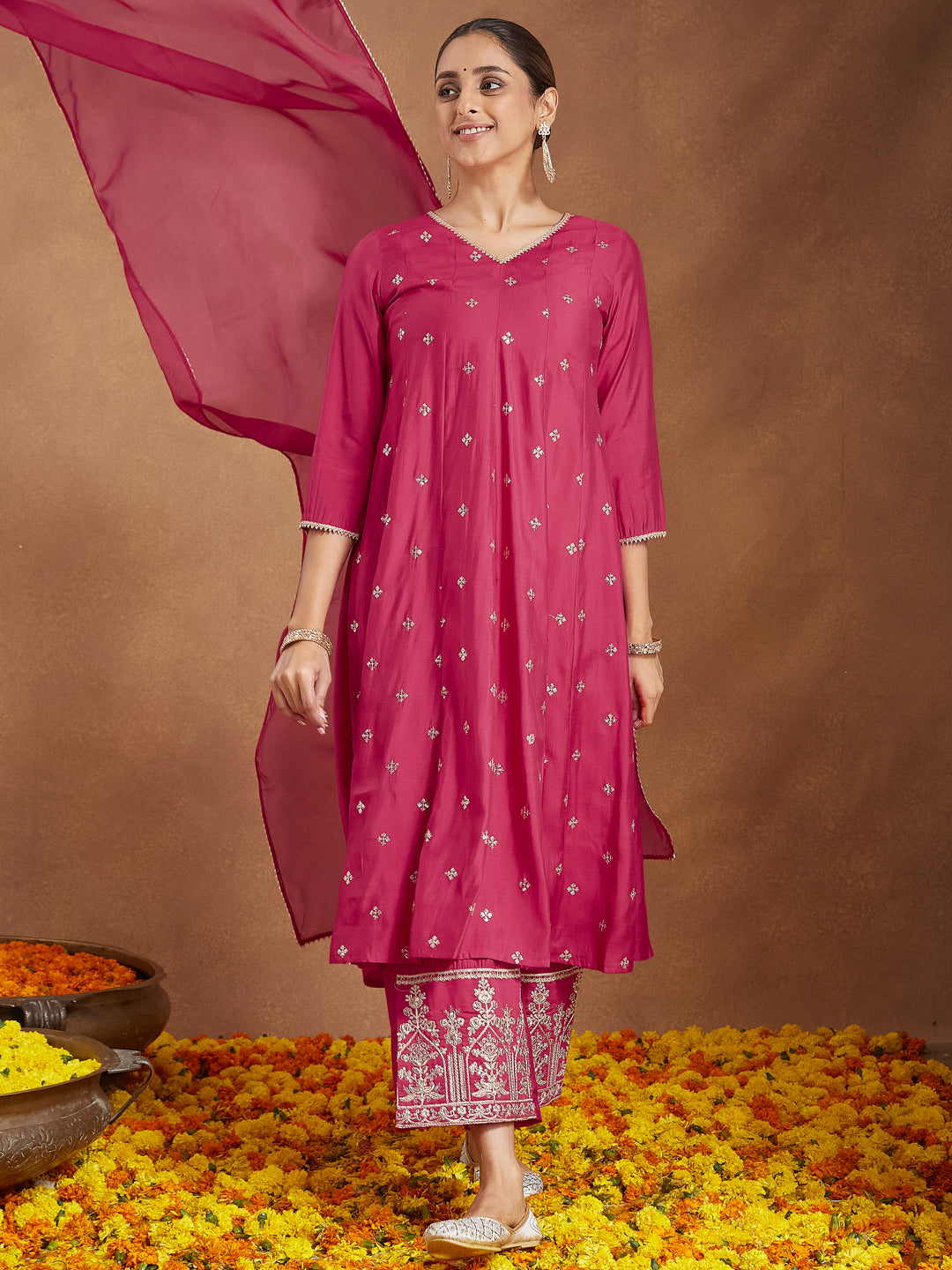 Ninnique Women's Pink Chanderi Silk Embellished Zari Embroidered A-line Kurta Set