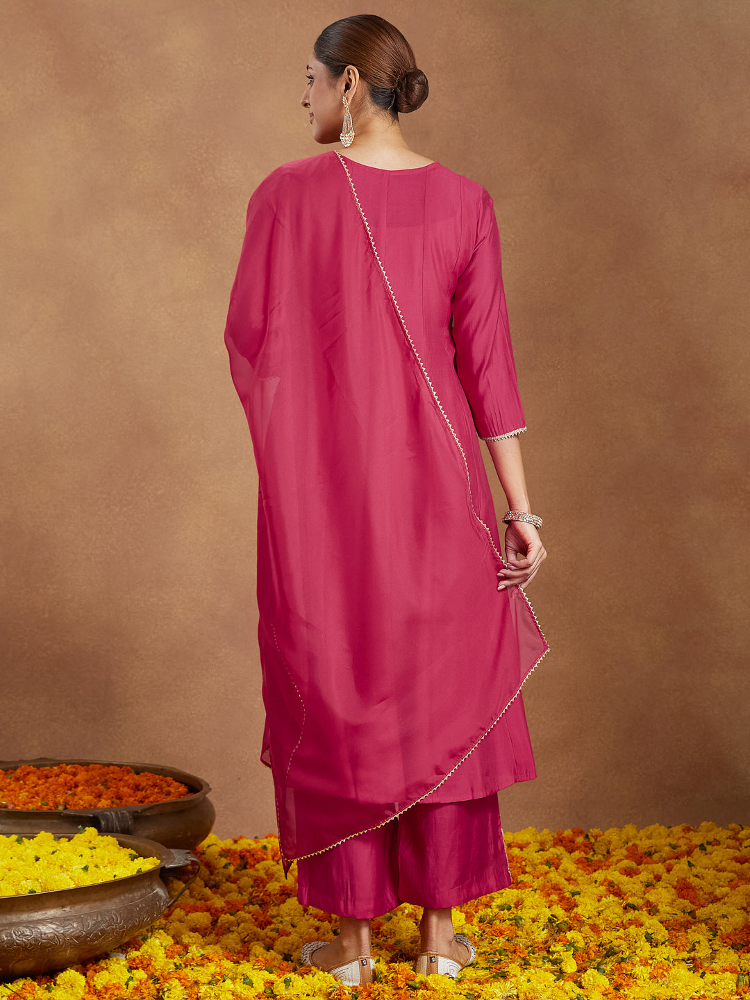Ninnique Women's Pink Chanderi Silk Embellished Zari Embroidered A-line Kurta Set