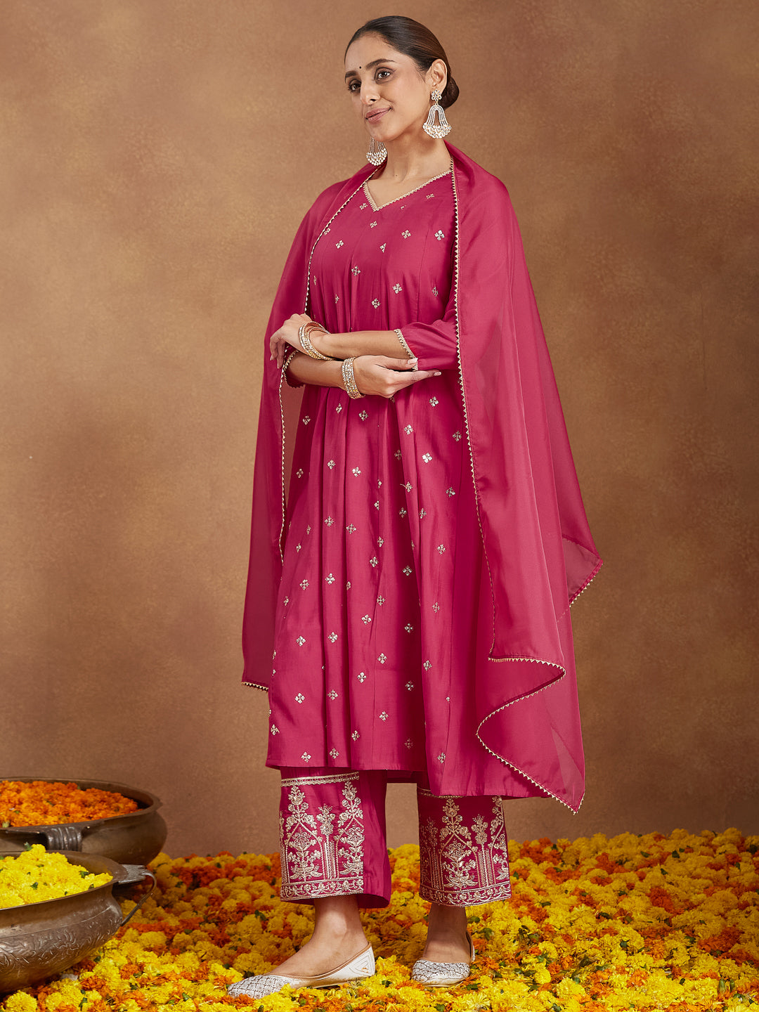 Ninnique Women's Pink Chanderi Silk Embellished Zari Embroidered A-line Kurta Set