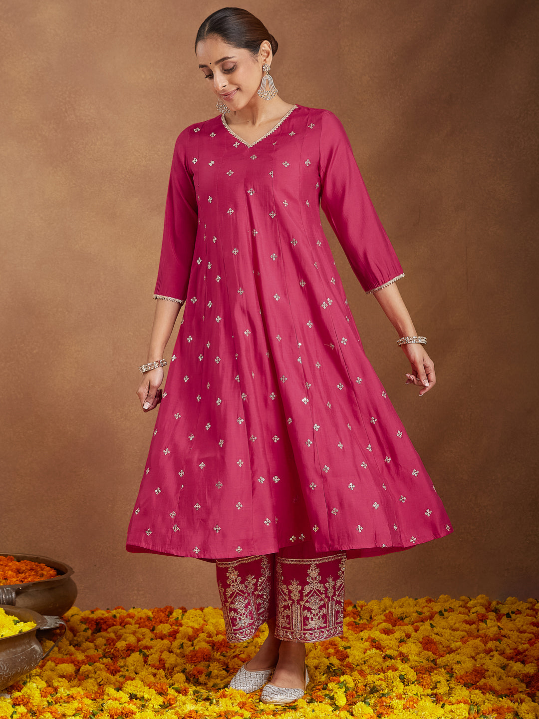 Ninnique Women's Pink Chanderi Silk Embellished Zari Embroidered A-line Kurta Set
