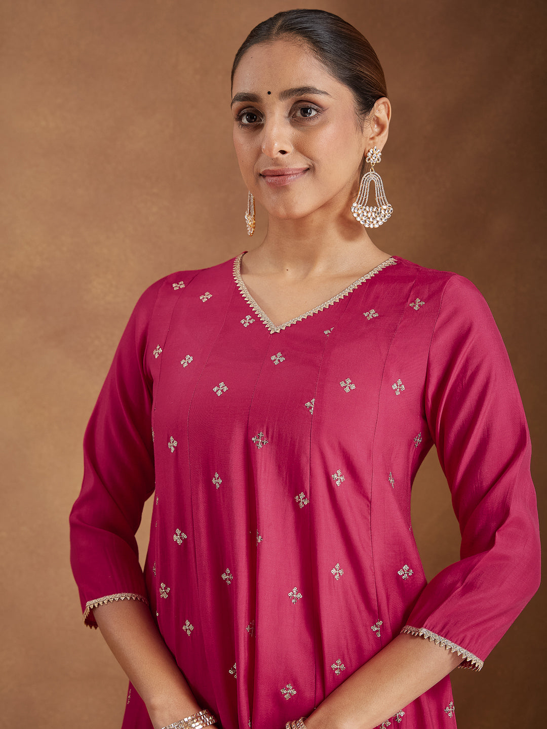 Ninnique Women's Pink Chanderi Silk Embellished Zari Embroidered A-line Kurta Set