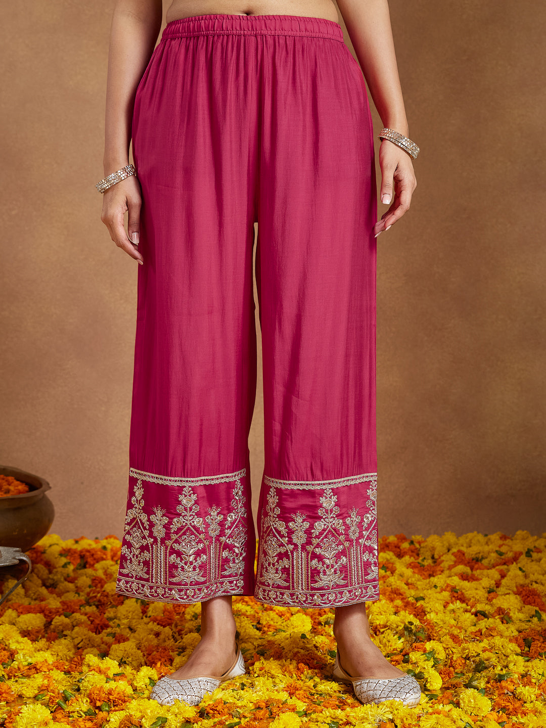 Ninnique Women's Pink Chanderi Silk Embellished Zari Embroidered A-line Kurta Set