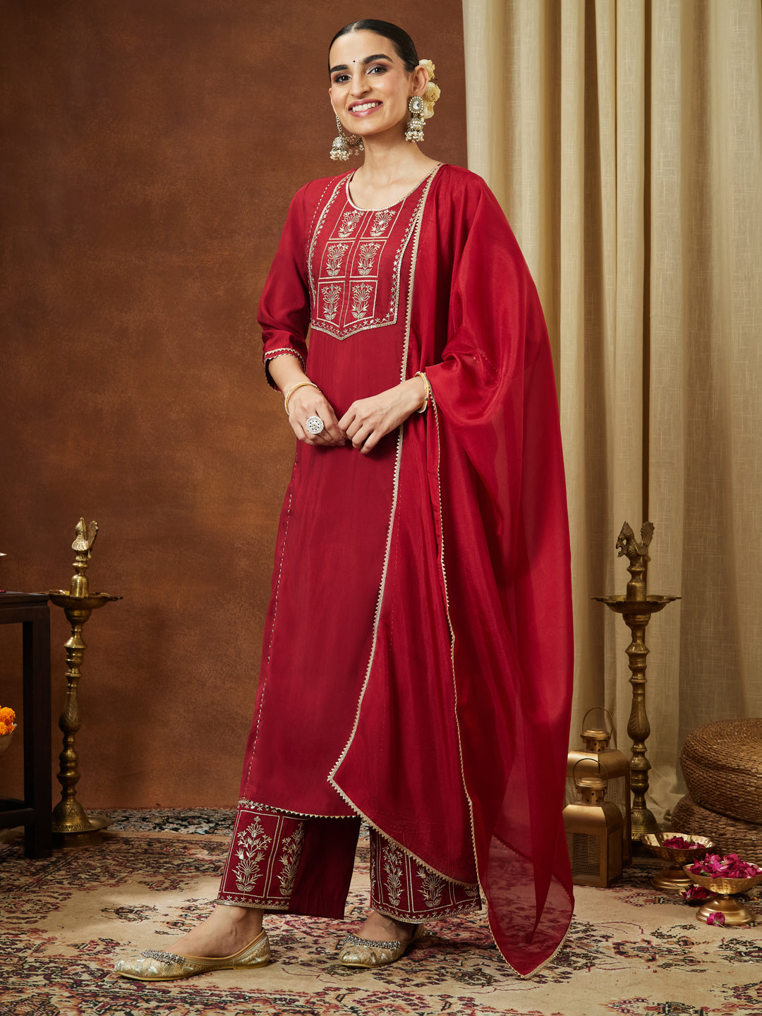 Ninnique Women's Maroon Chanderi Silk Zari Embroidered Straight Kurta With Palazzo & Dupatta Set