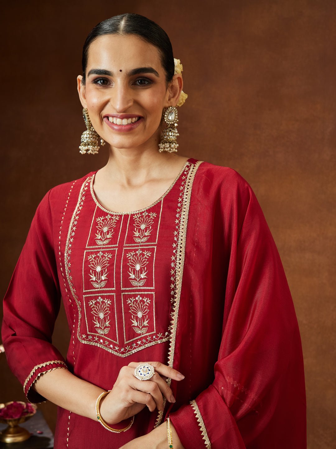 Ninnique Women's Maroon Chanderi Silk Zari Embroidered Straight Kurta With Palazzo & Dupatta Set