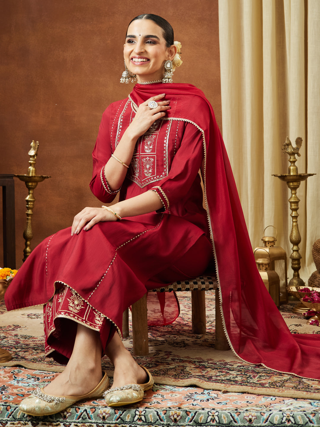 Ninnique Women's Maroon Chanderi Silk Zari Embroidered Straight Kurta With Palazzo & Dupatta Set