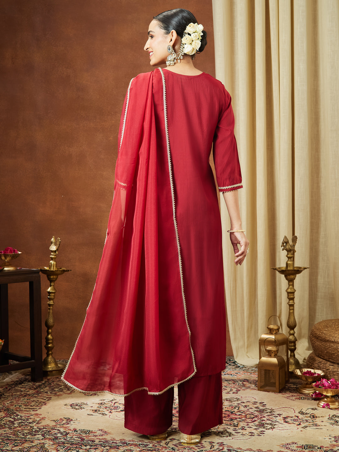 Ninnique Women's Maroon Chanderi Silk Zari Embroidered Straight Kurta With Palazzo & Dupatta Set