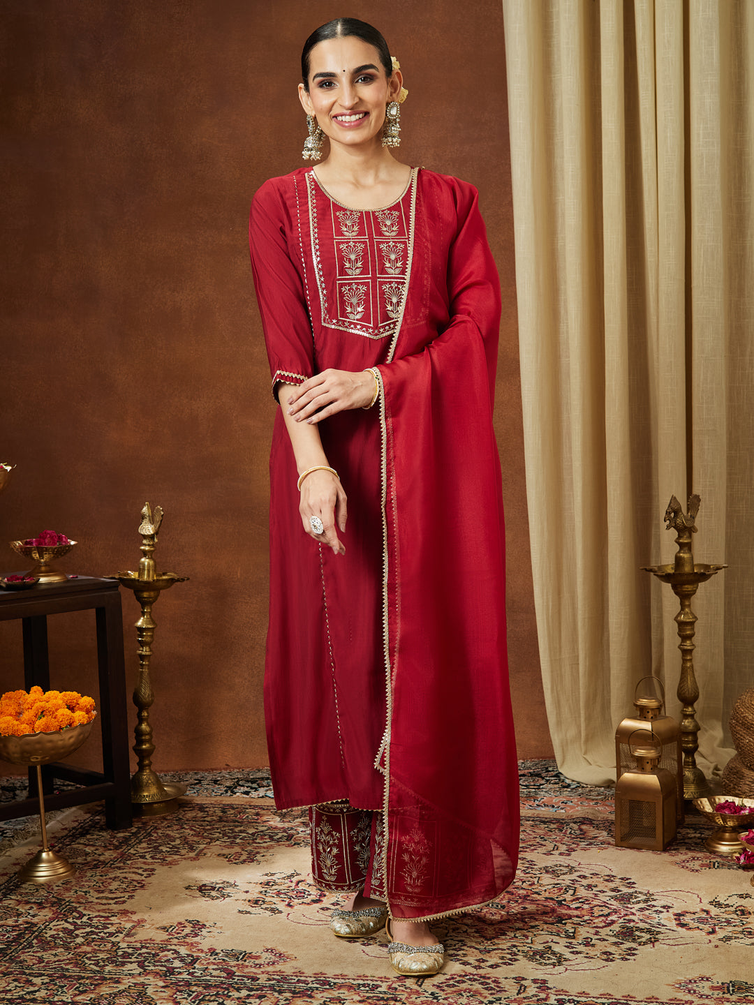 Ninnique Women's Maroon Chanderi Silk Zari Embroidered Straight Kurta With Palazzo & Dupatta Set