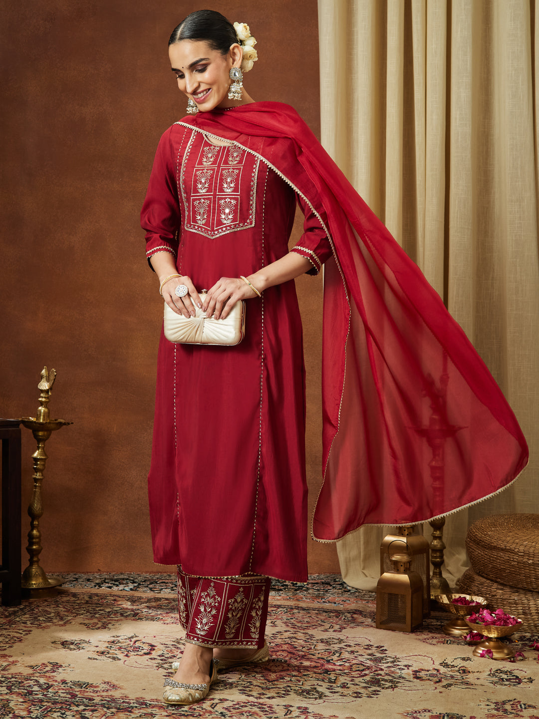Ninnique Women's Maroon Chanderi Silk Zari Embroidered Straight Kurta With Palazzo & Dupatta Set