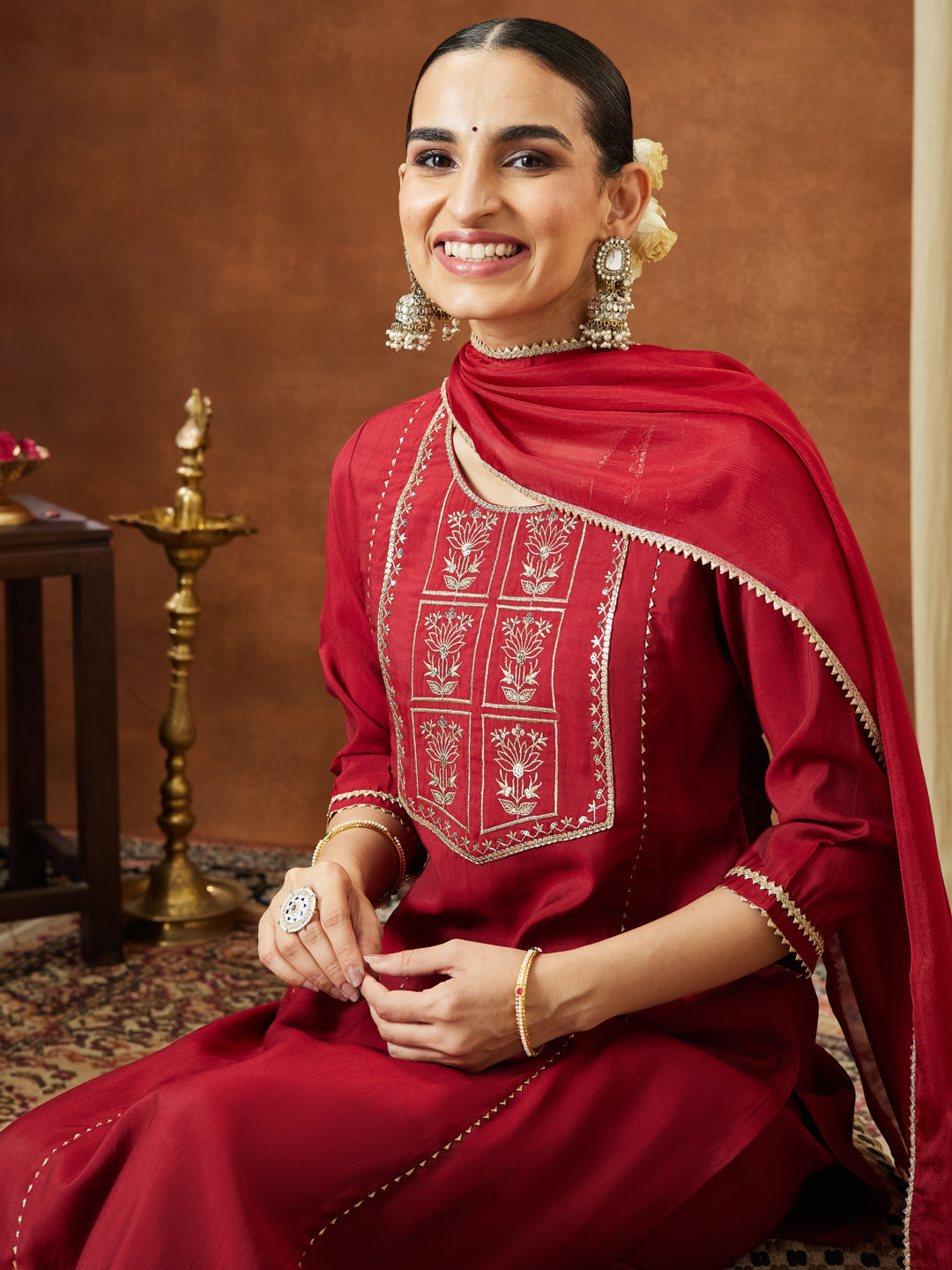 Ninnique Women's Maroon Chanderi Silk Zari Embroidered Straight Kurta With Palazzo & Dupatta Set
