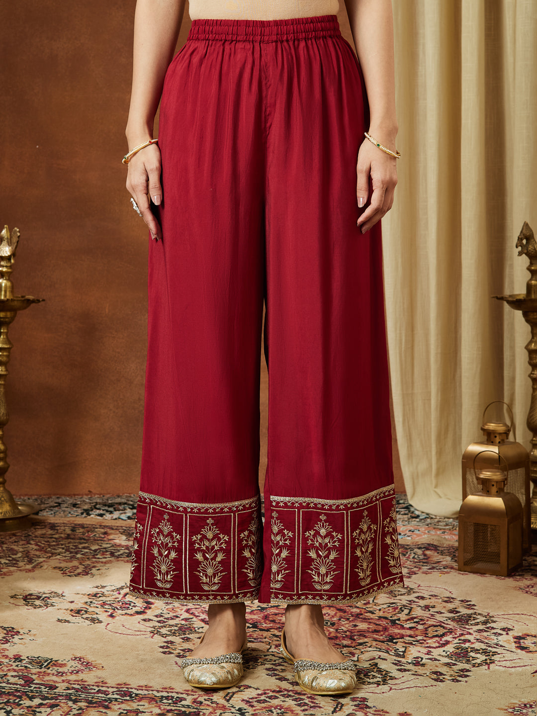 Ninnique Women's Maroon Chanderi Silk Zari Embroidered Straight Kurta With Palazzo & Dupatta Set