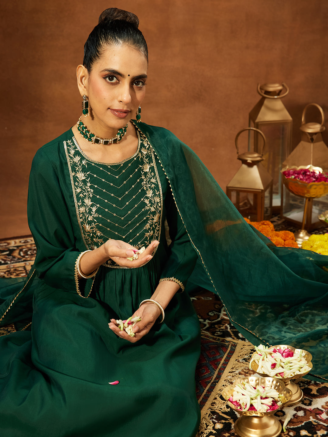 Ninnique Women's Bottle Green Chanderi Silk Embroidered A-line Kurta Set