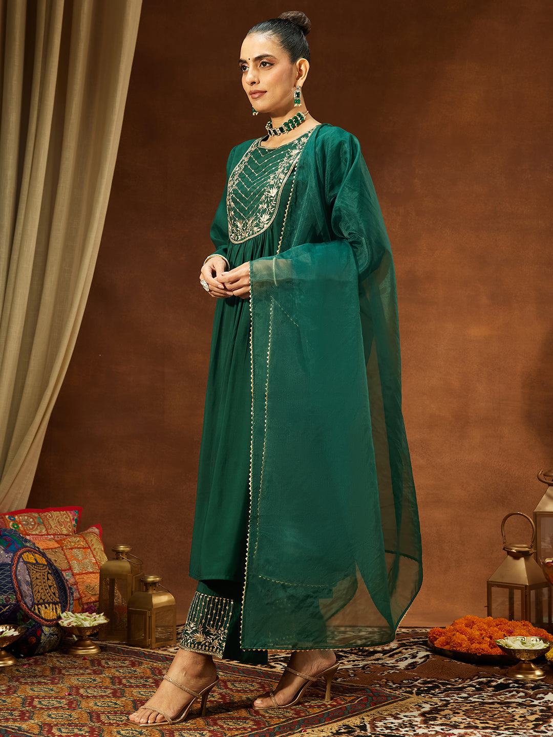 Ninnique Women's Bottle Green Chanderi Silk Embroidered A-line Kurta Set