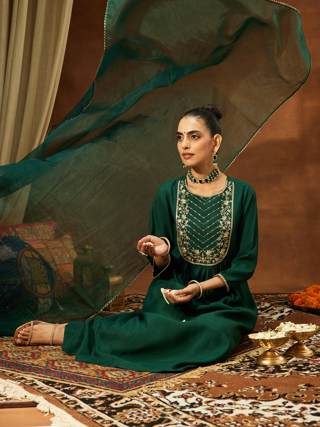Ninnique Women's Bottle Green Chanderi Silk Embroidered A-line Kurta Set