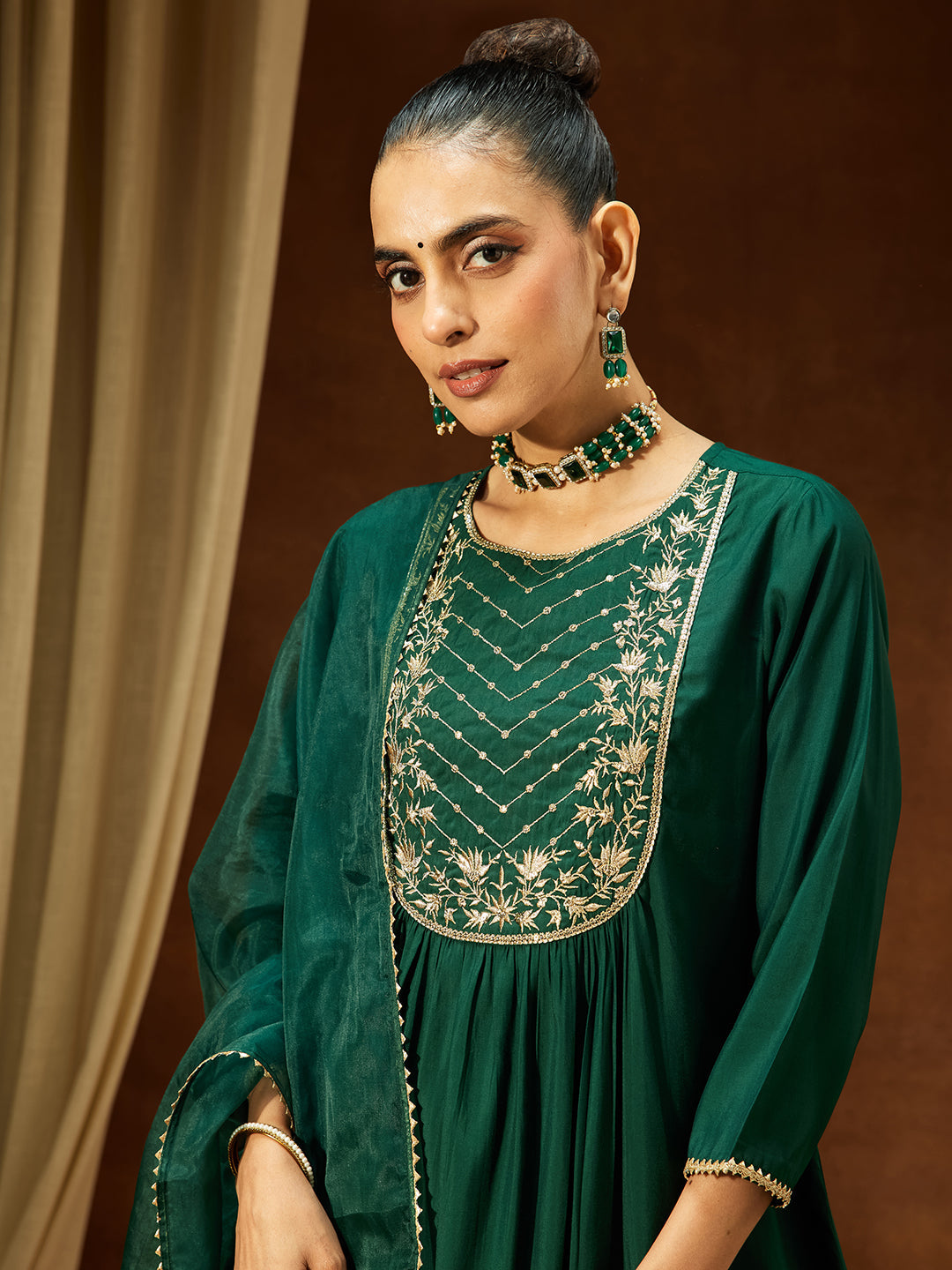 Ninnique Women's Bottle Green Chanderi Silk Embroidered A-line Kurta Set