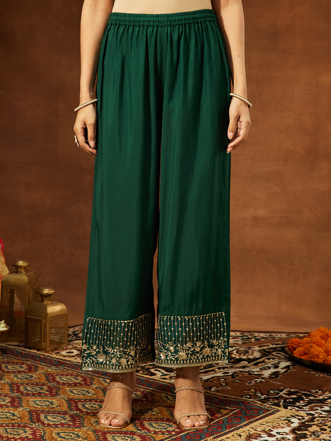 Ninnique Women's Bottle Green Chanderi Silk Embroidered A-line Kurta Set