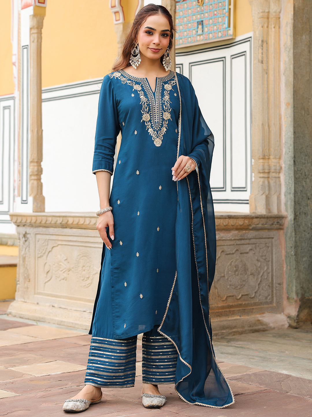 Ninnique Women's Teal Blue Chanderi Silk Zari Embroidered Straight Kurta With Palazzo & Dupatta Set