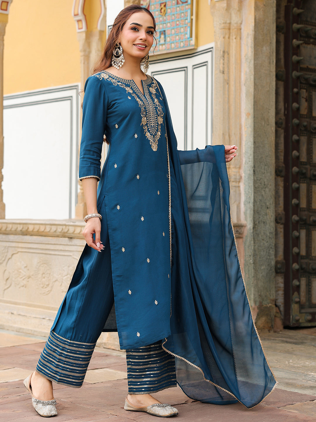 Ninnique Women's Teal Blue Chanderi Silk Zari Embroidered Straight Kurta With Palazzo & Dupatta Set