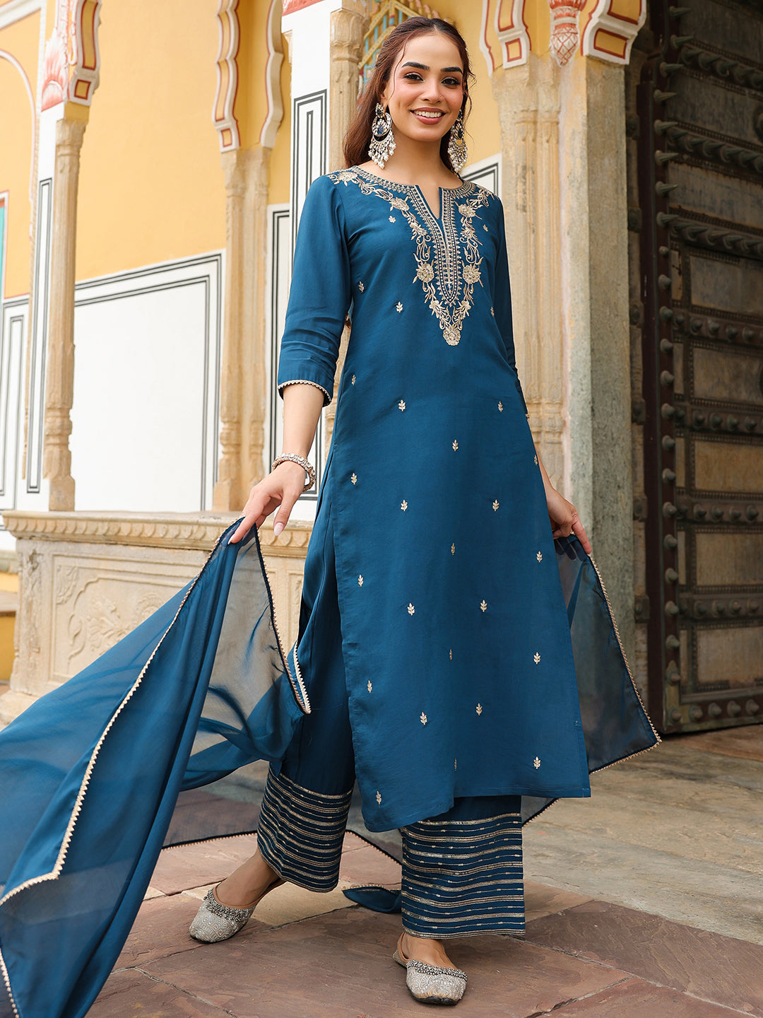 Ninnique Women's Teal Blue Chanderi Silk Zari Embroidered Straight Kurta With Palazzo & Dupatta Set