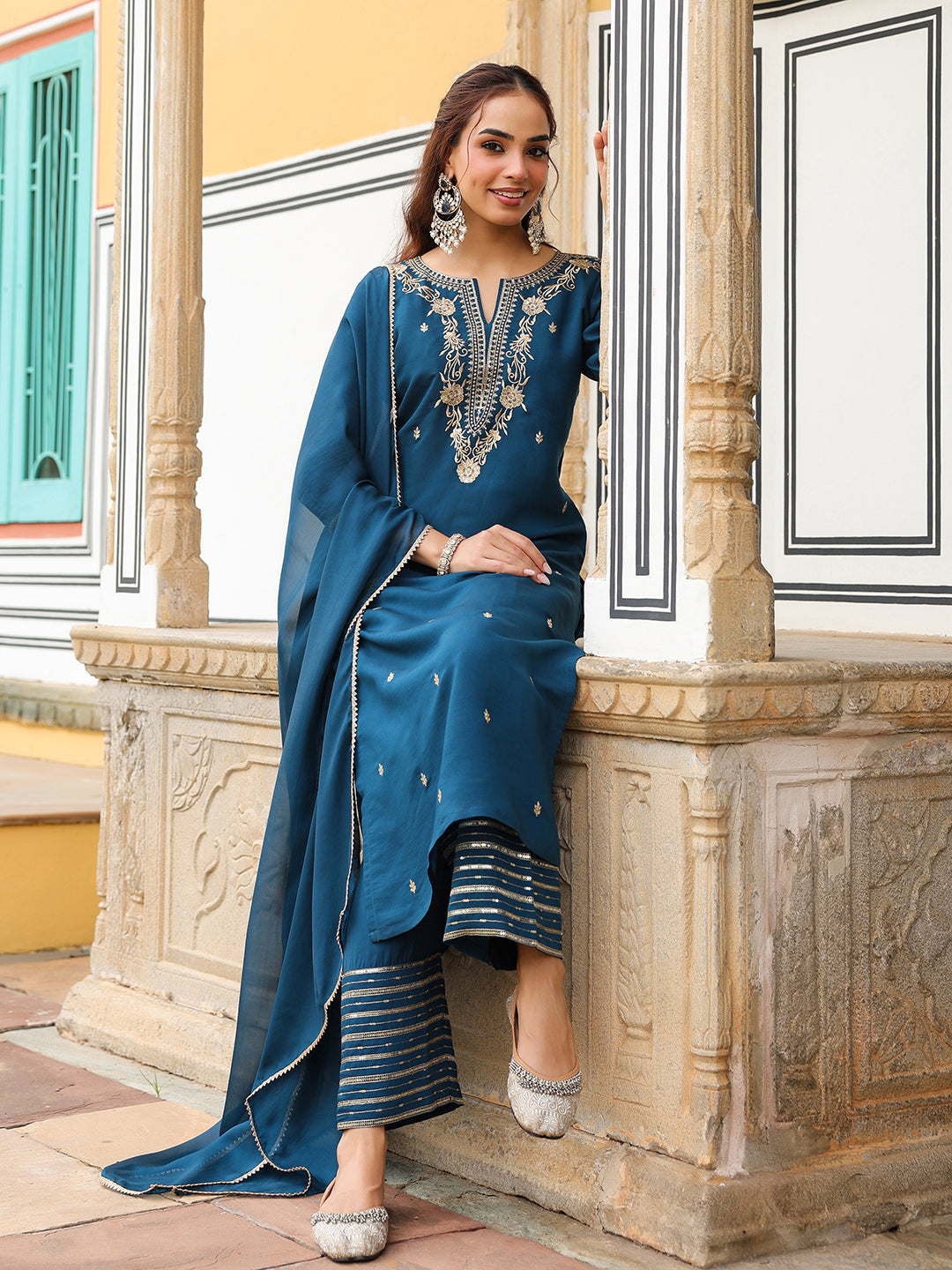 Ninnique Women's Teal Blue Chanderi Silk Zari Embroidered Straight Kurta With Palazzo & Dupatta Set