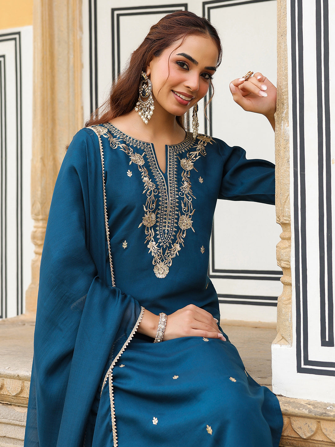 Ninnique Women's Teal Blue Chanderi Silk Zari Embroidered Straight Kurta With Palazzo & Dupatta Set