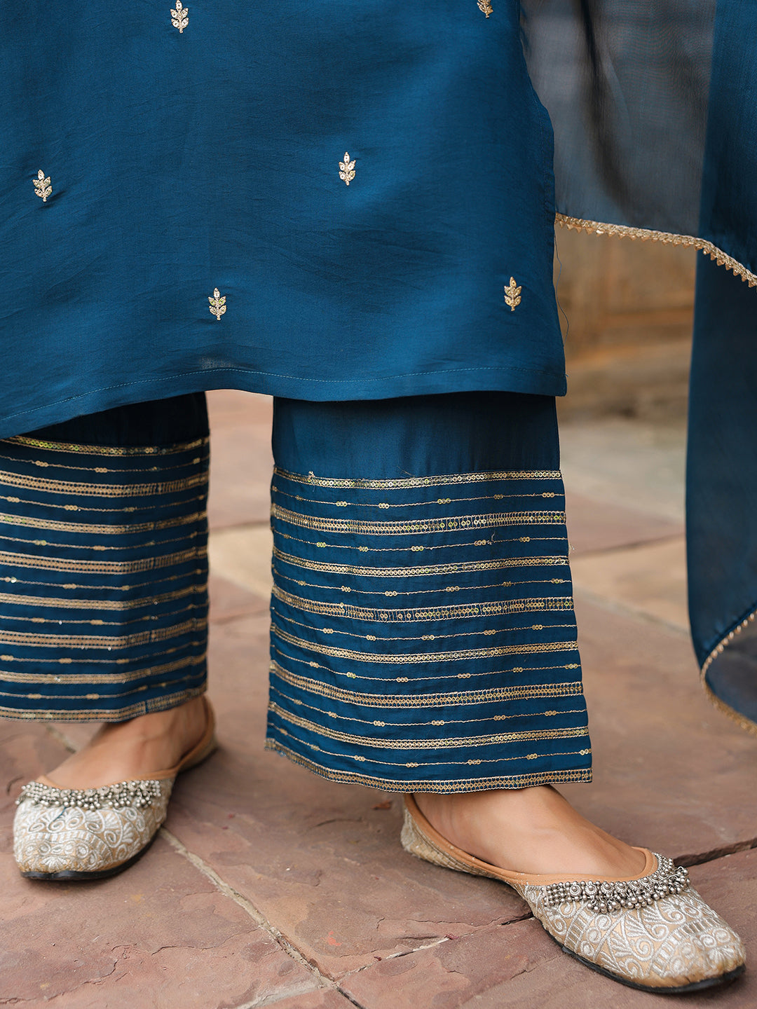 Ninnique Women's Teal Blue Chanderi Silk Zari Embroidered Straight Kurta With Palazzo & Dupatta Set