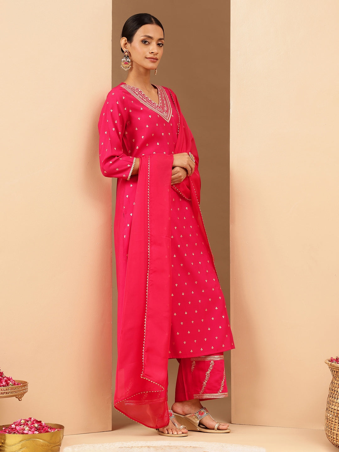 Ninnique Women's Pink Chanderi Silk Gold Zari Embroidered Straight Kurta With Palazzo & Dupatta Set