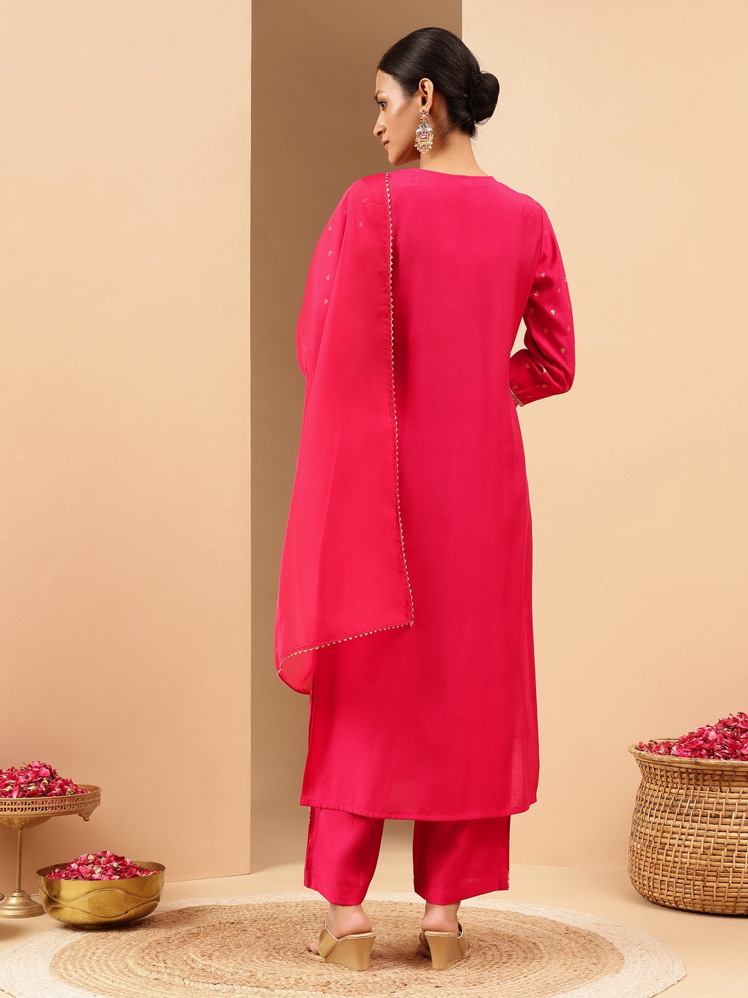 Ninnique Women's Pink Chanderi Silk Gold Zari Embroidered Straight Kurta With Palazzo & Dupatta Set