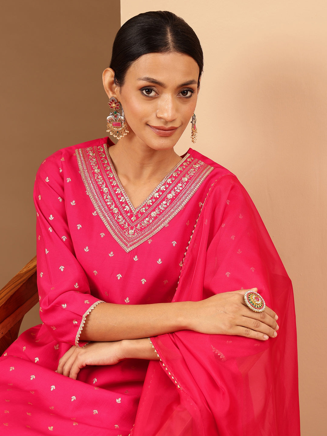 Ninnique Women's Pink Chanderi Silk Gold Zari Embroidered Straight Kurta With Palazzo & Dupatta Set