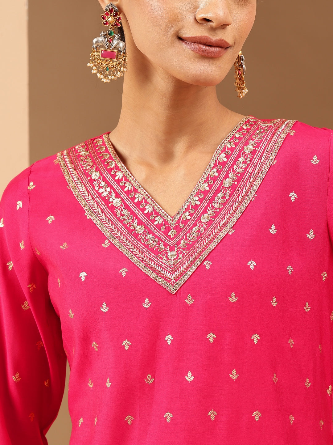 Ninnique Women's Pink Chanderi Silk Gold Zari Embroidered Straight Kurta With Palazzo & Dupatta Set
