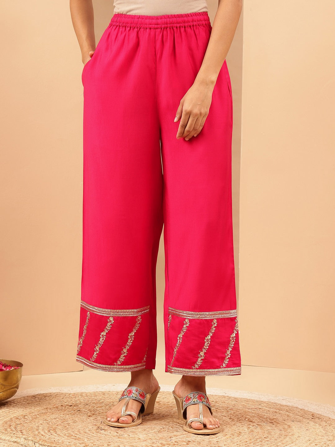 Ninnique Women's Pink Chanderi Silk Gold Zari Embroidered Straight Kurta With Palazzo & Dupatta Set