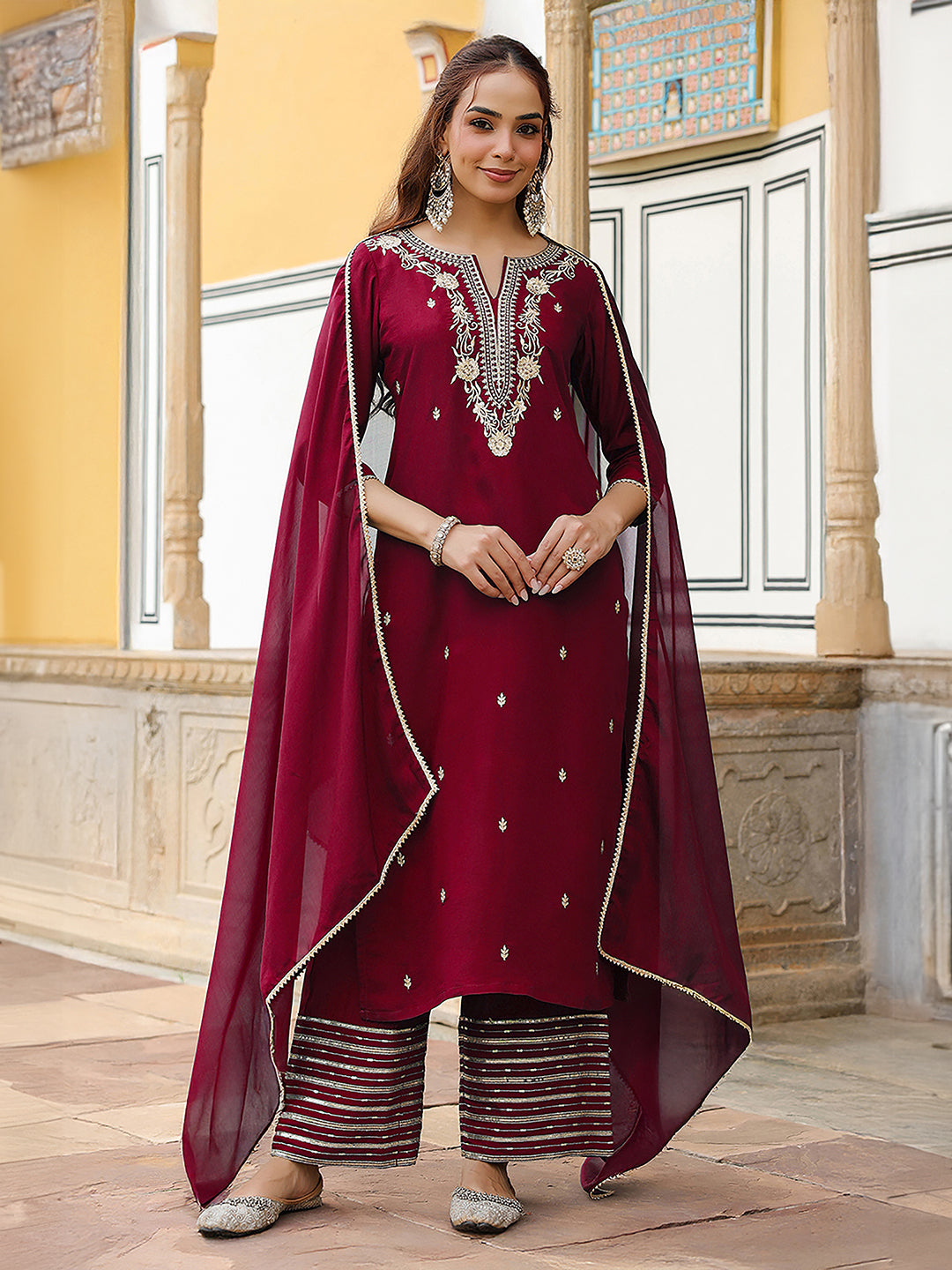 Ninnique Women's Maroon Chanderi Silk Zari Embroidered Straight Kurta With Palazzo & Dupatta Set