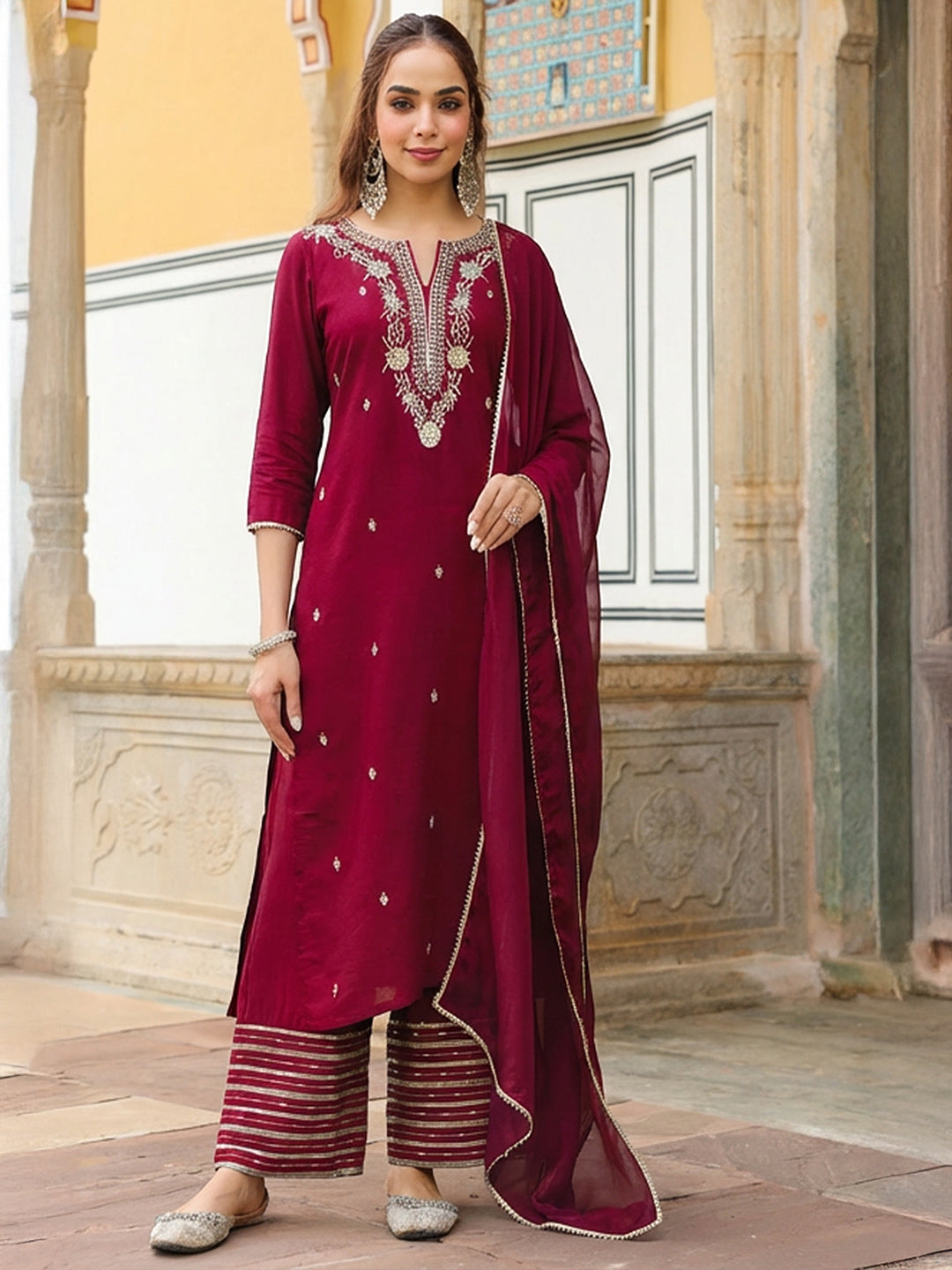 Ninnique Women's Maroon Chanderi Silk Zari Embroidered Straight Kurta With Palazzo & Dupatta Set