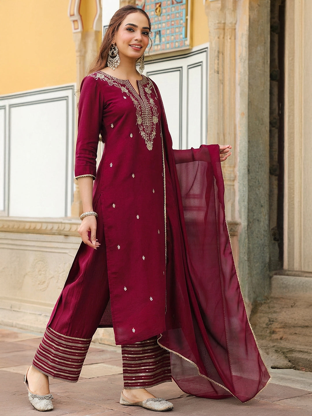 Ninnique Women's Maroon Chanderi Silk Zari Embroidered Straight Kurta With Palazzo & Dupatta Set
