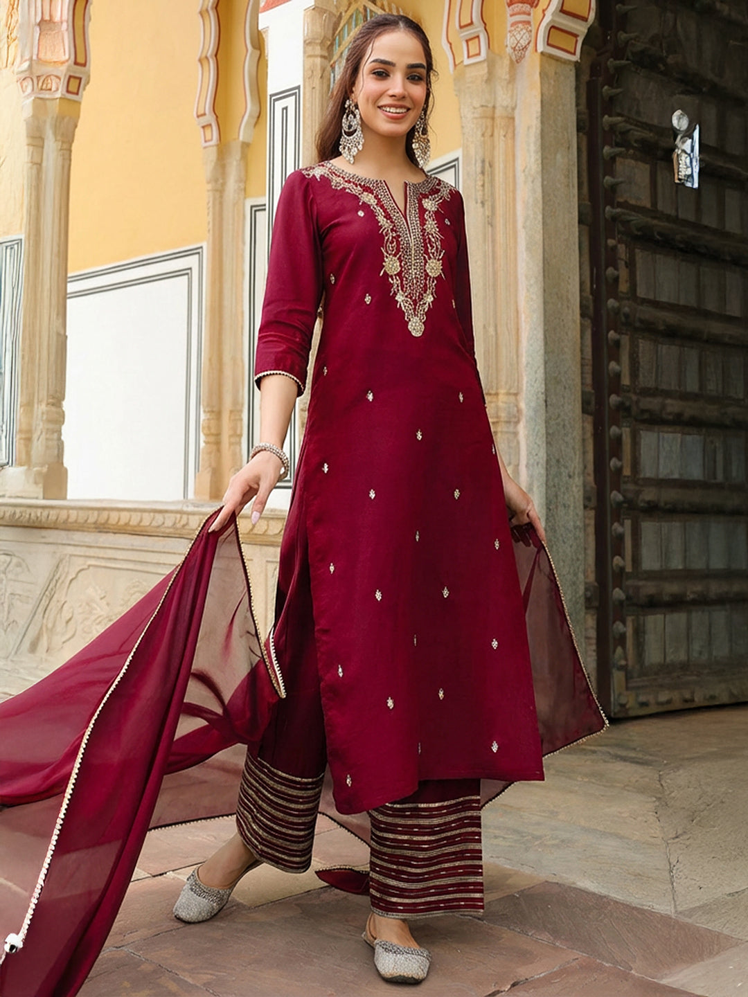 Ninnique Women's Maroon Chanderi Silk Zari Embroidered Straight Kurta With Palazzo & Dupatta Set