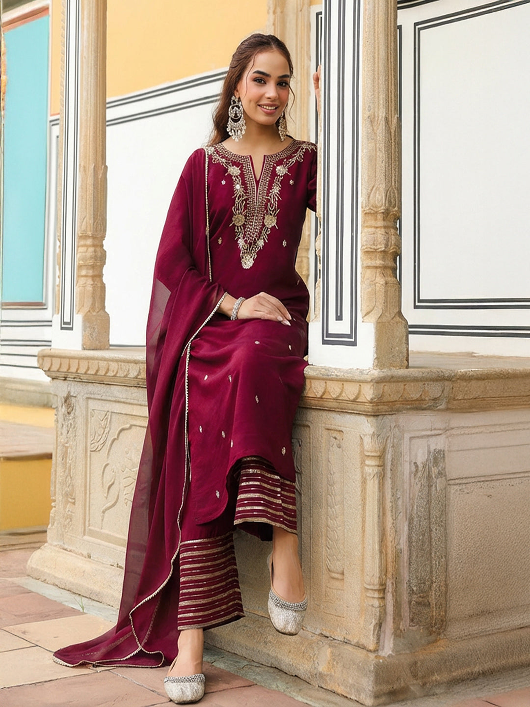 Ninnique Women's Maroon Chanderi Silk Zari Embroidered Straight Kurta With Palazzo & Dupatta Set