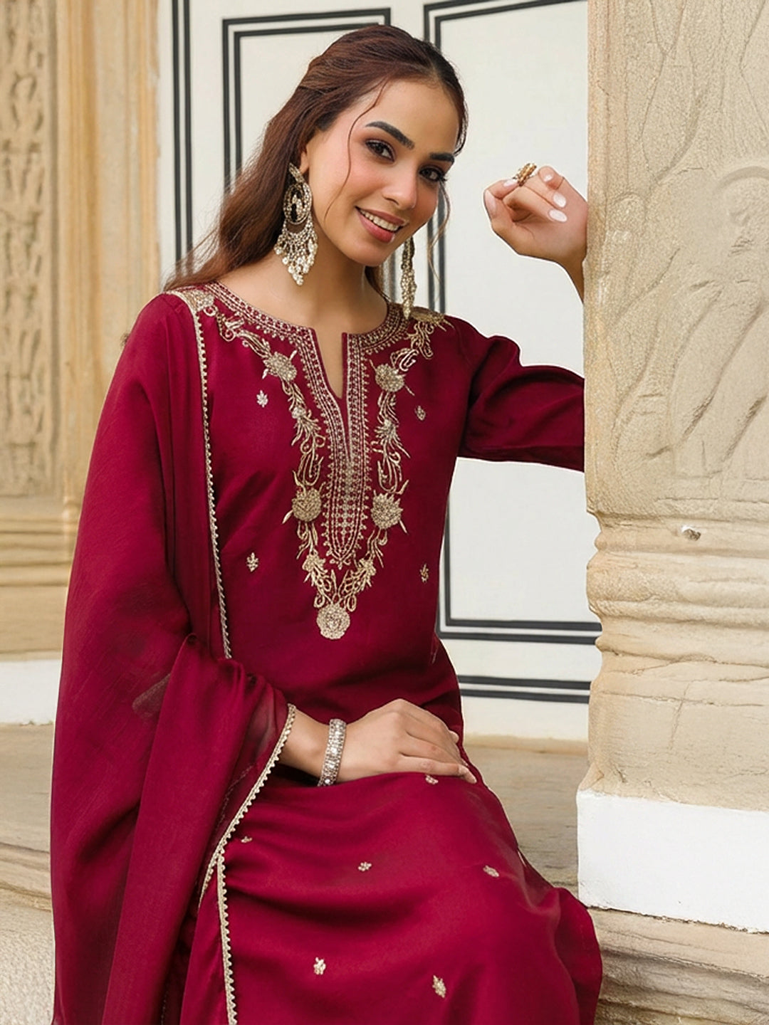Ninnique Women's Maroon Chanderi Silk Zari Embroidered Straight Kurta With Palazzo & Dupatta Set