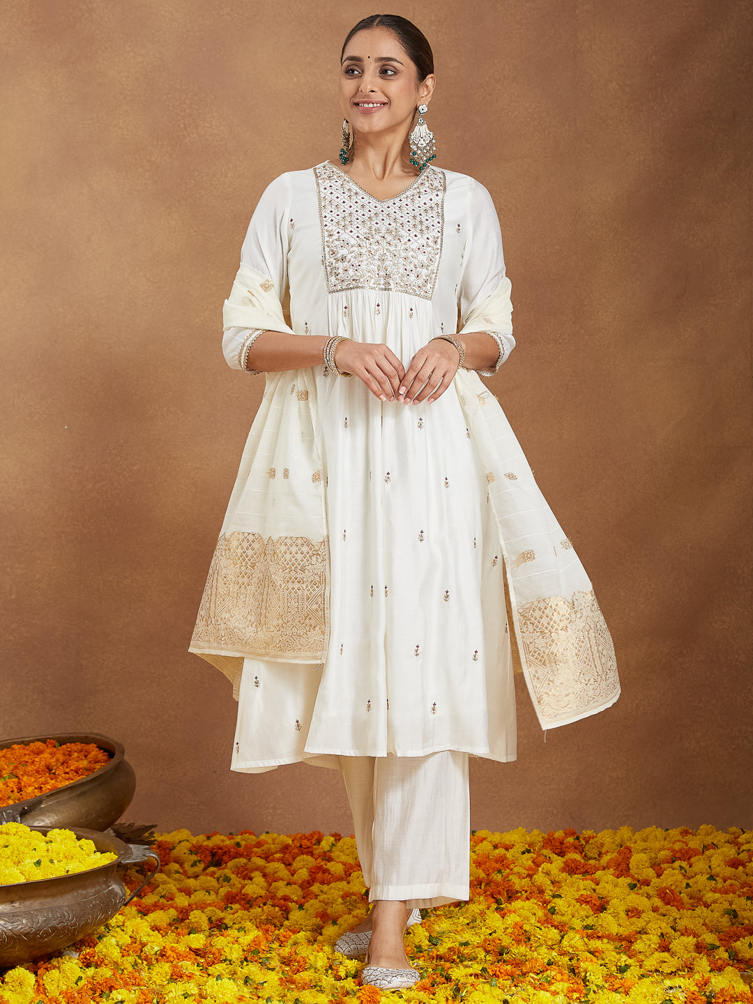 Ninnique Women's Off White Chanderi Silk Zari Embroidered A-line Kurta Set With Dupatta