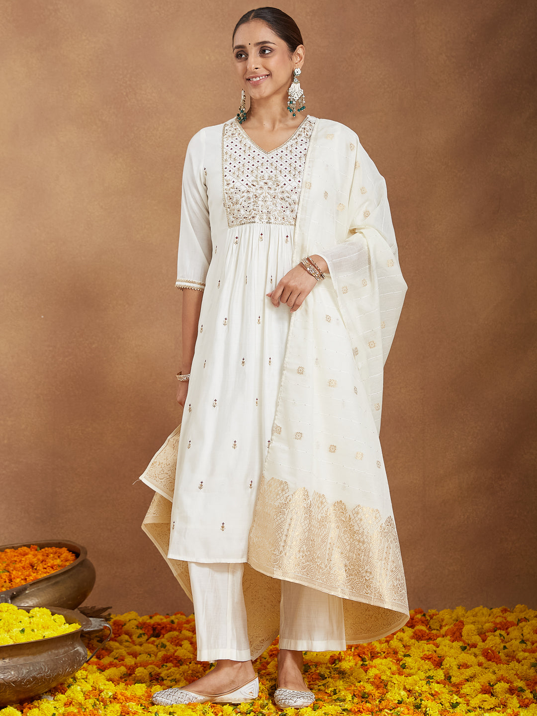 Ninnique Women's Off White Chanderi Silk Zari Embroidered A-line Kurta Set With Dupatta