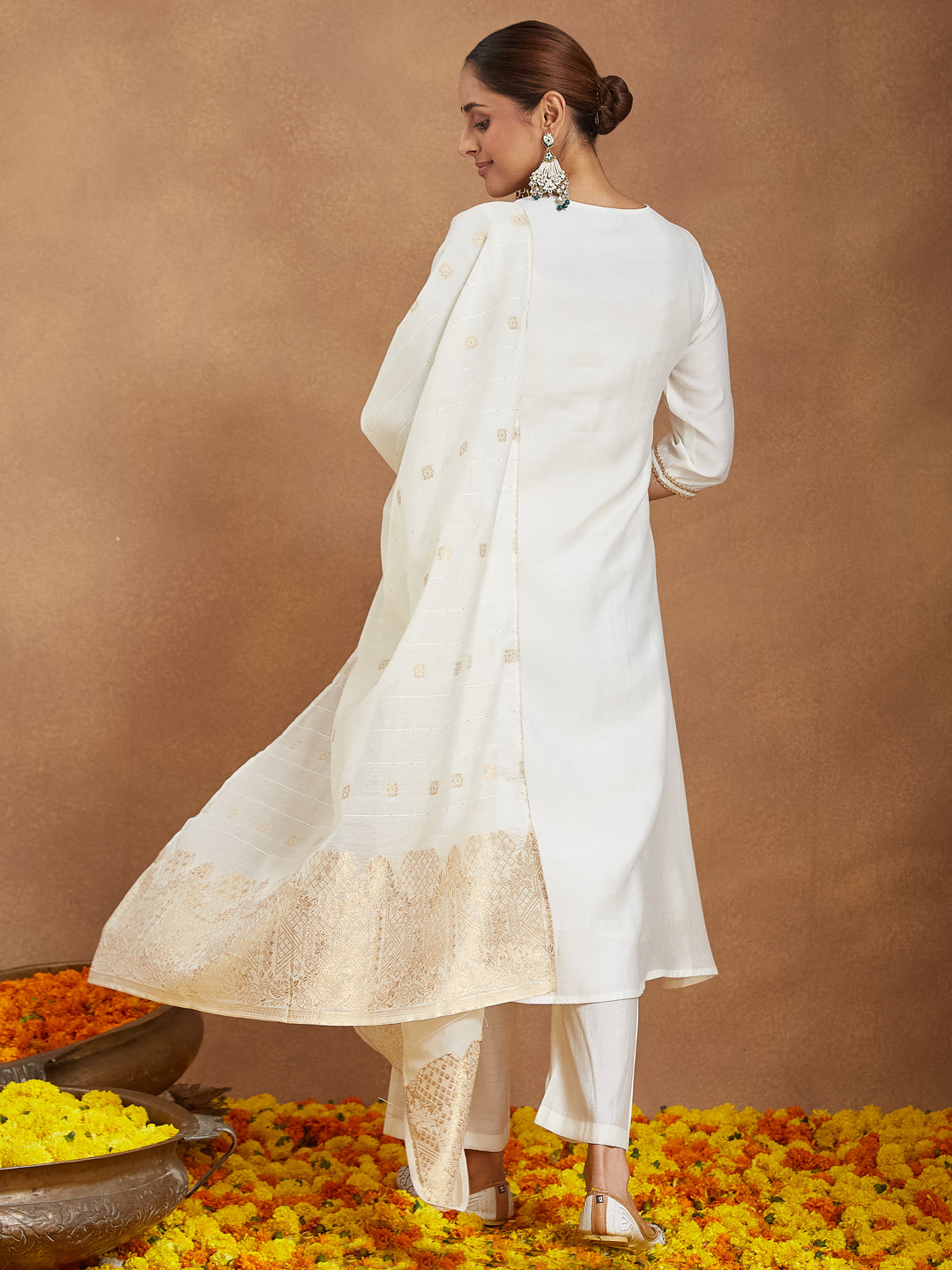 Ninnique Women's Off White Chanderi Silk Zari Embroidered A-line Kurta Set With Dupatta