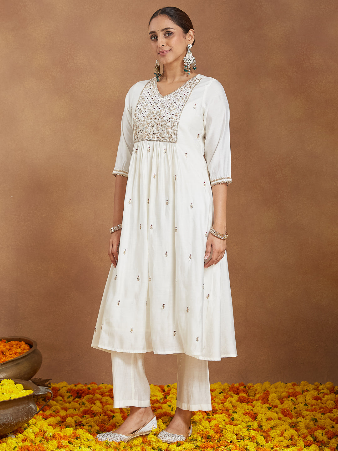 Ninnique Women's Off White Chanderi Silk Zari Embroidered A-line Kurta Set With Dupatta