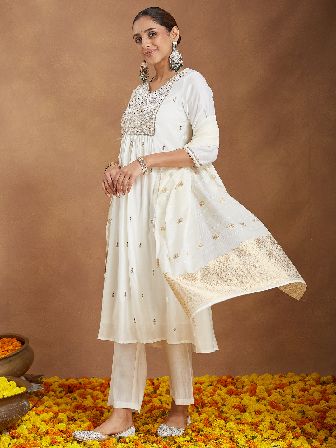 Ninnique Women's Off White Chanderi Silk Zari Embroidered A-line Kurta Set With Dupatta