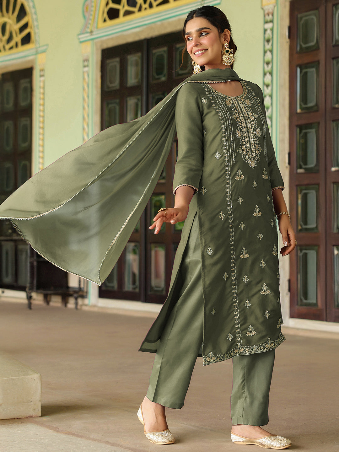 Ninnique Women's Sage Green Silk Blend Zari Embroidered Straight Kurta Set