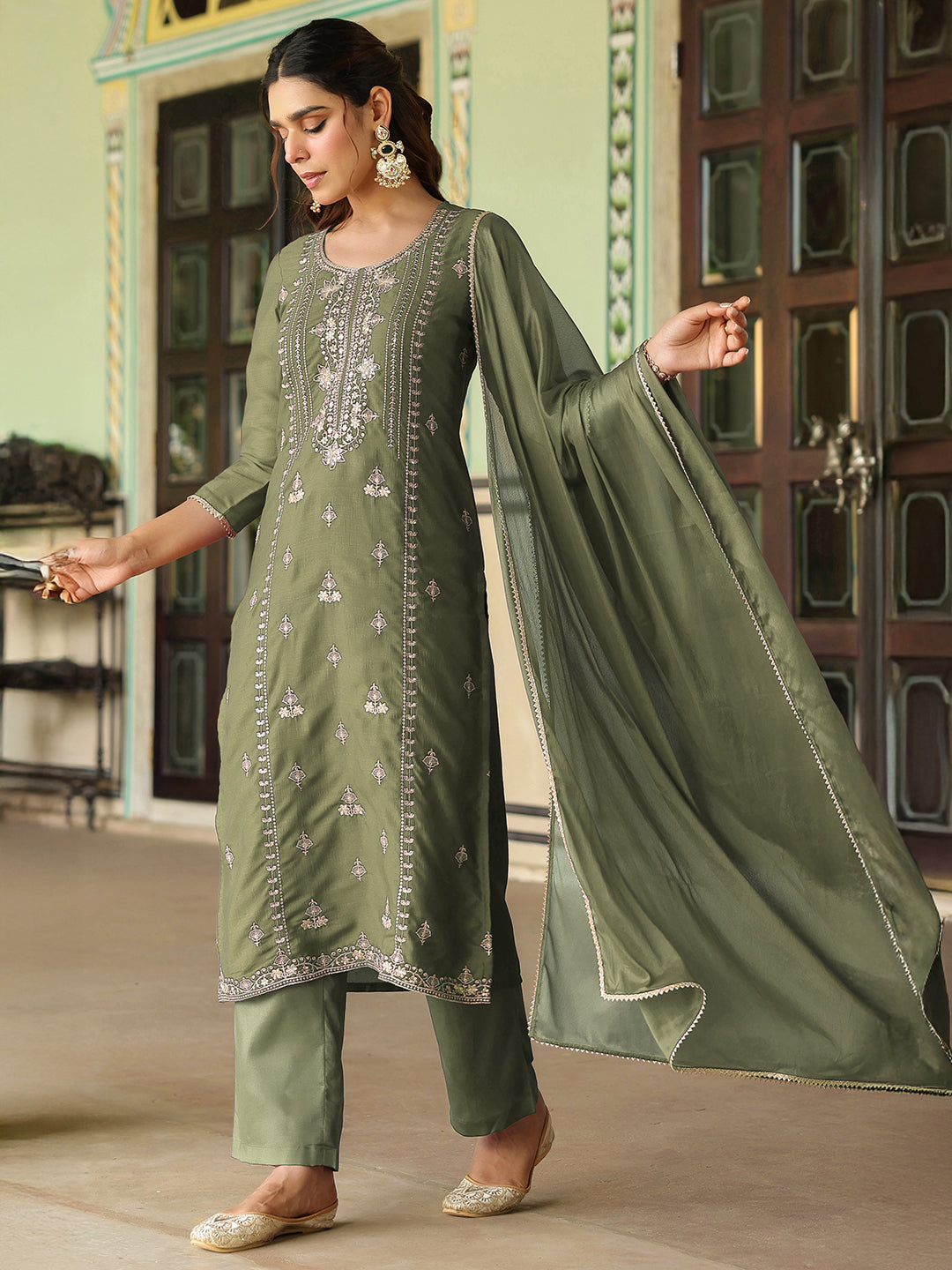 Ninnique Women's Sage Green Silk Blend Zari Embroidered Straight Kurta Set