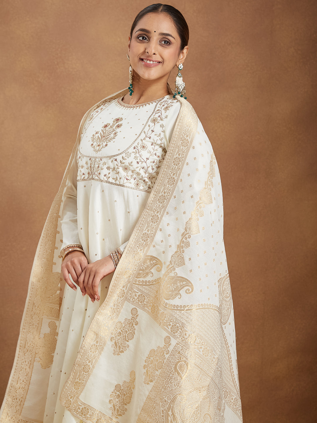 Ninnique Women's Off White Chanderi Silk Embroidered A-line Kurta Set