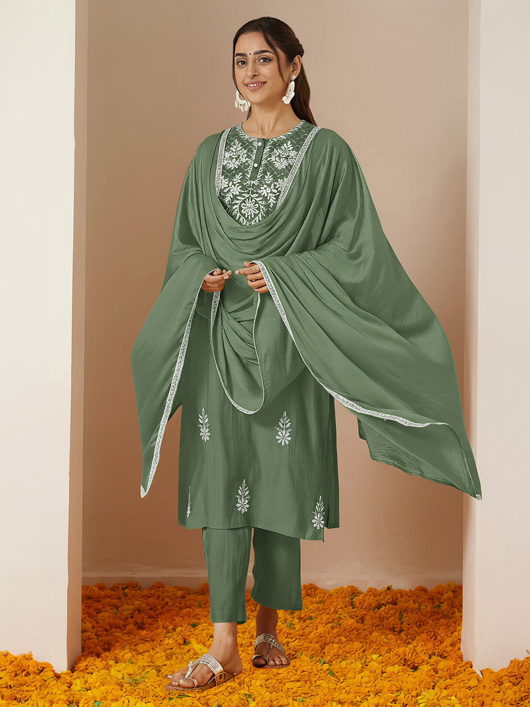 Ninnique Women's Sage Green Silk Blend Embroidered Straight Kurta Set