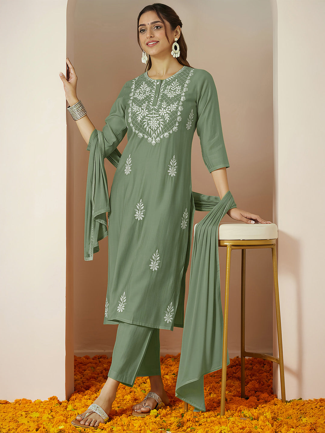 Ninnique Women's Sage Green Silk Blend Embroidered Straight Kurta Set