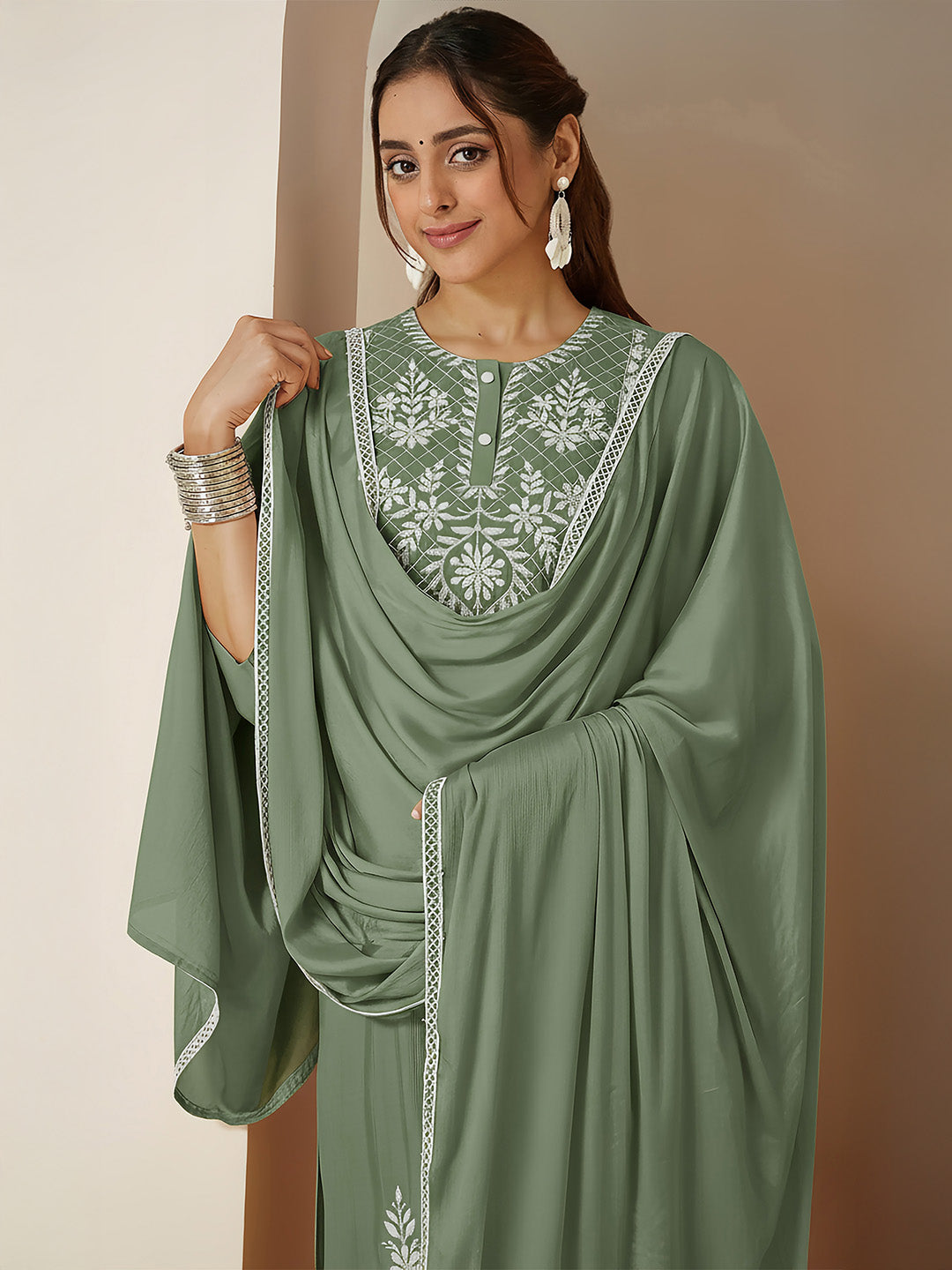 Ninnique Women's Sage Green Silk Blend Embroidered Straight Kurta Set